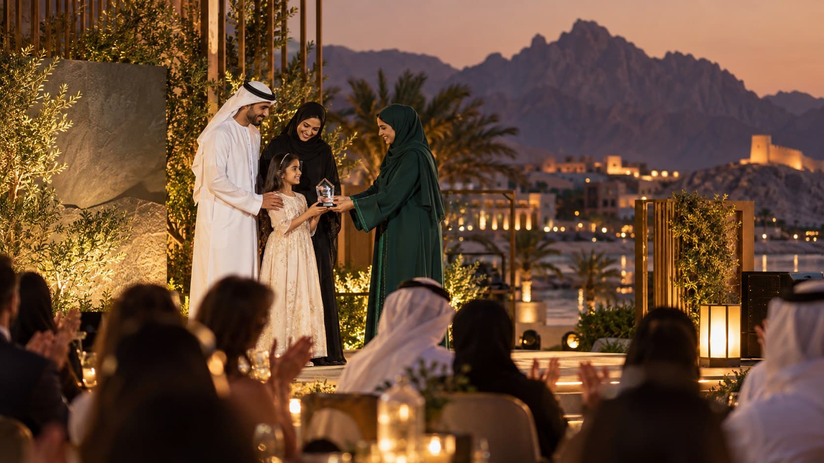 A family receiving a glass award on stage at an evening ceremony as the audience applauds