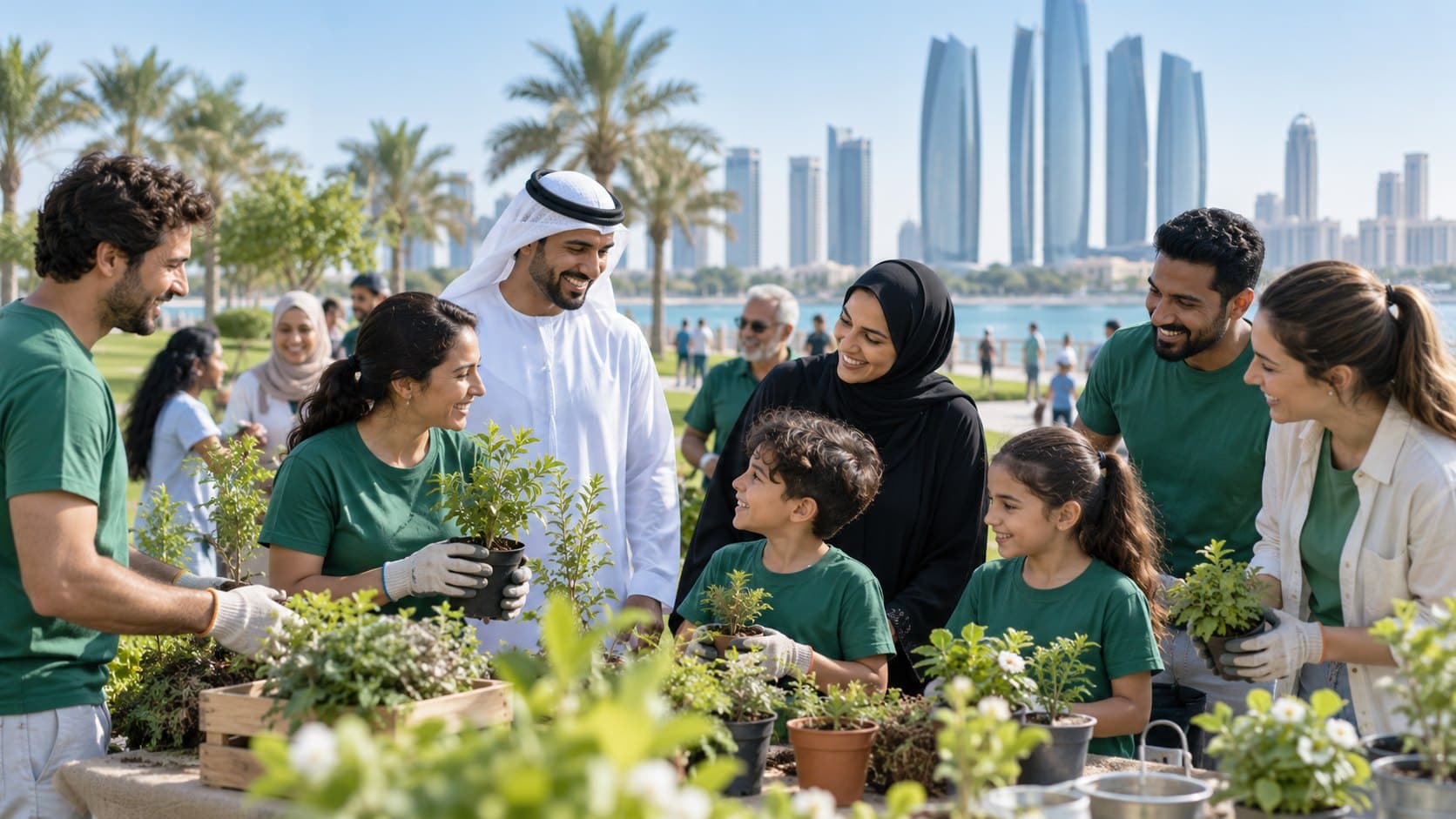 Neighbours and families in green T-shirts potting plants together at a community event by the water in Dubai