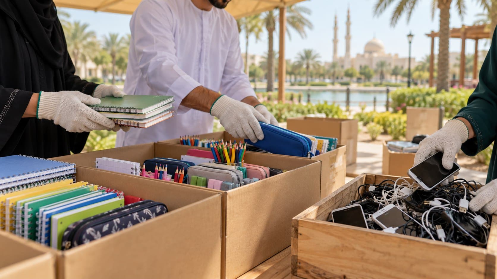 Volunteers in gloves sorting donated notebooks, pencil cases and old phones into boxes at an outdoor collection point