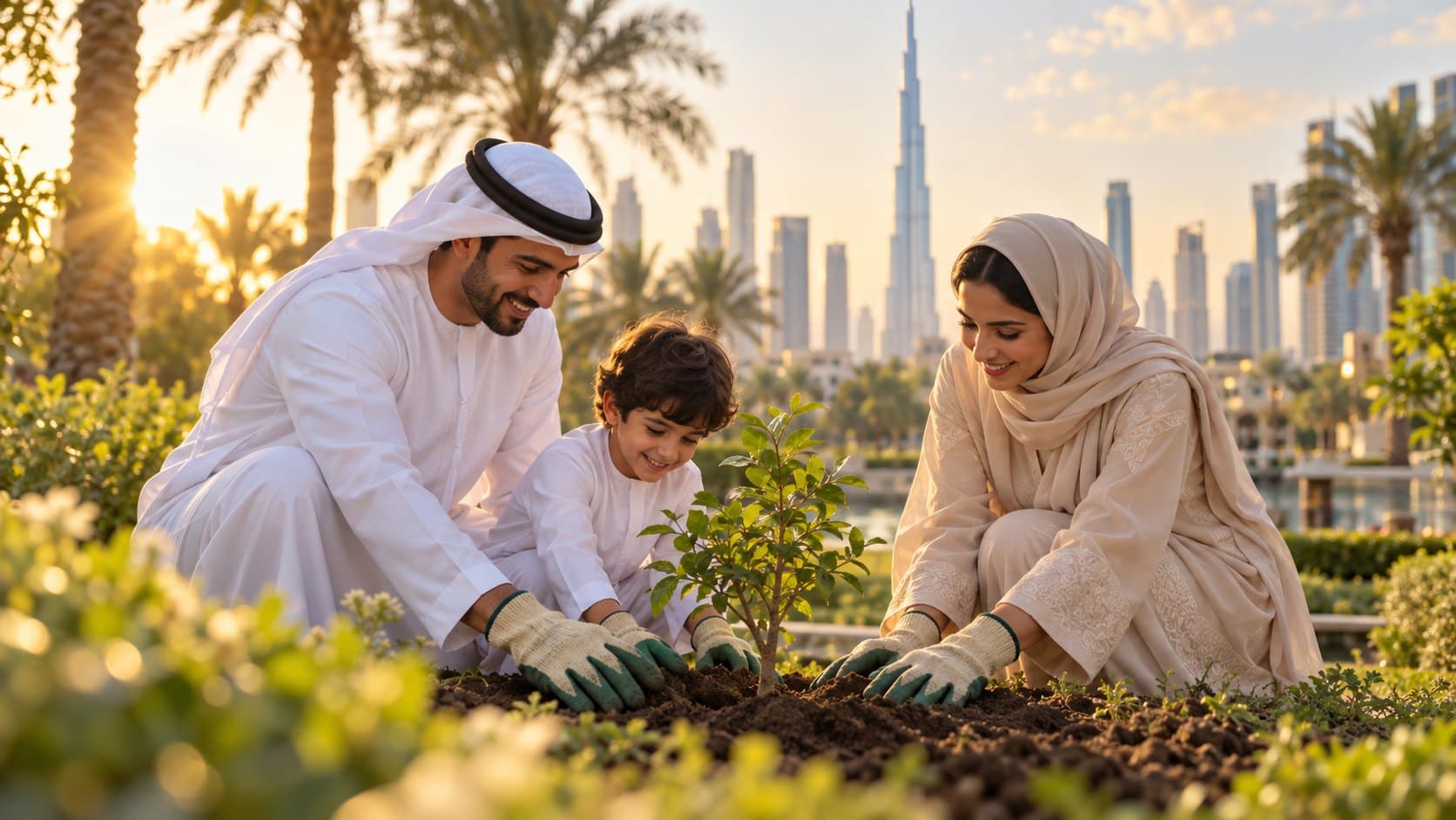 An Emirati family planting a young tree together in a Dubai community garden, with the Burj Khalifa in the distance