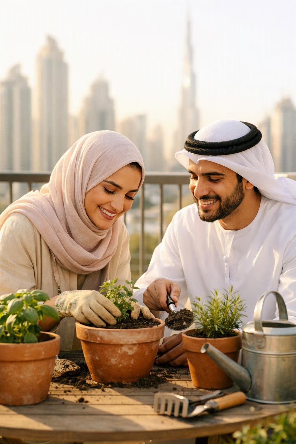 A couple planting herbs in pots on a sunny Dubai balcony