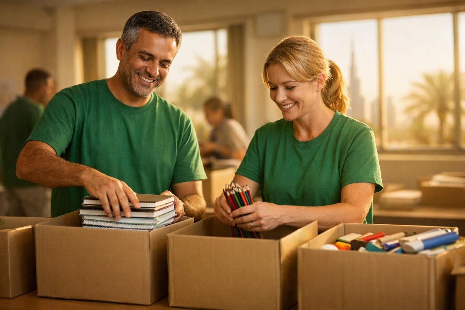 Volunteers sorting donated stationery into labelled boxes